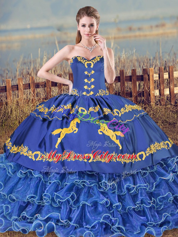 Colorful Blue Organza Lace Up Sweetheart Sleeveless 15 Quinceanera Dress Brush Train Embroidery and Ruffled Layers