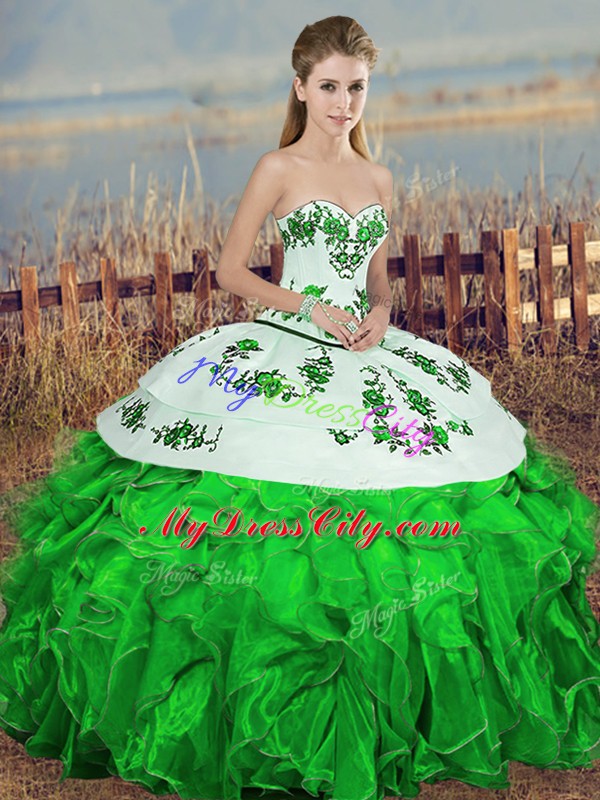 Nice Green Organza Lace Up Quinceanera Dress Sleeveless Floor Length Embroidery and Ruffles and Bowknot