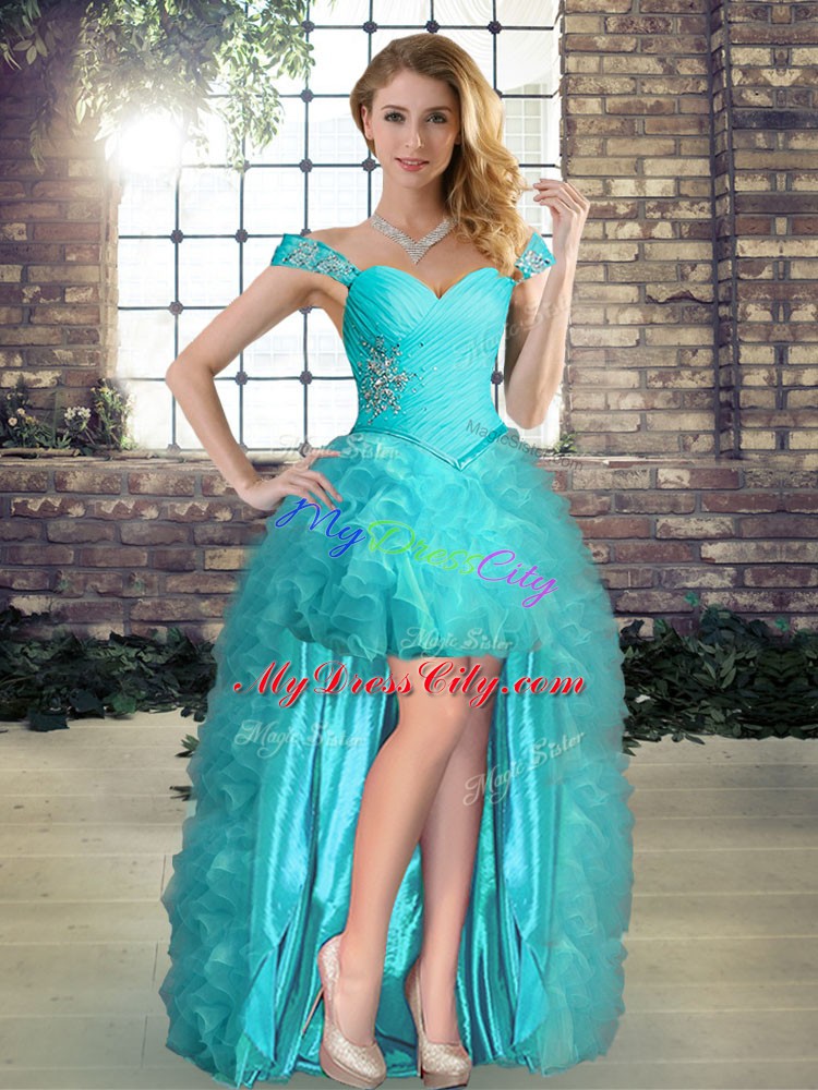 Aqua Blue Off The Shoulder Neckline Beading and Ruffles Sleeveless Lace Up