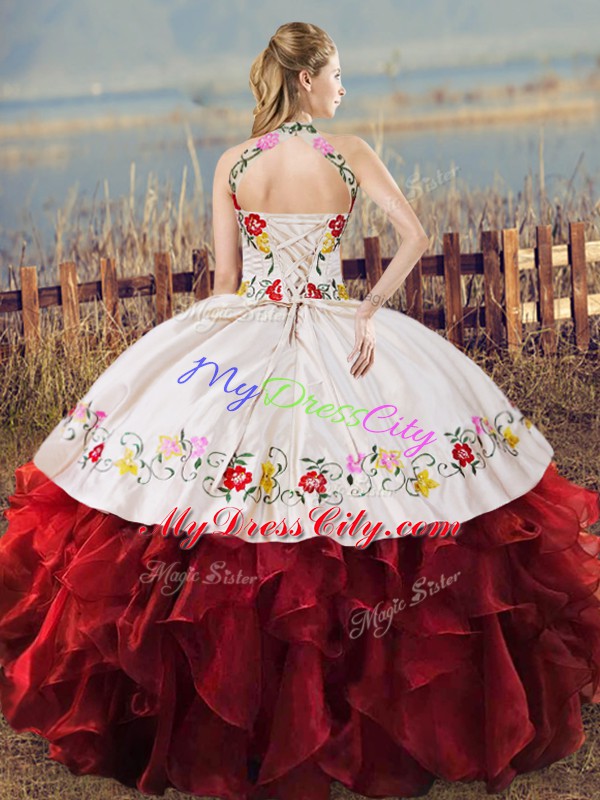 Comfortable Ball Gowns Quinceanera Dress Rust Red Halter Top Organza Sleeveless Floor Length Lace Up