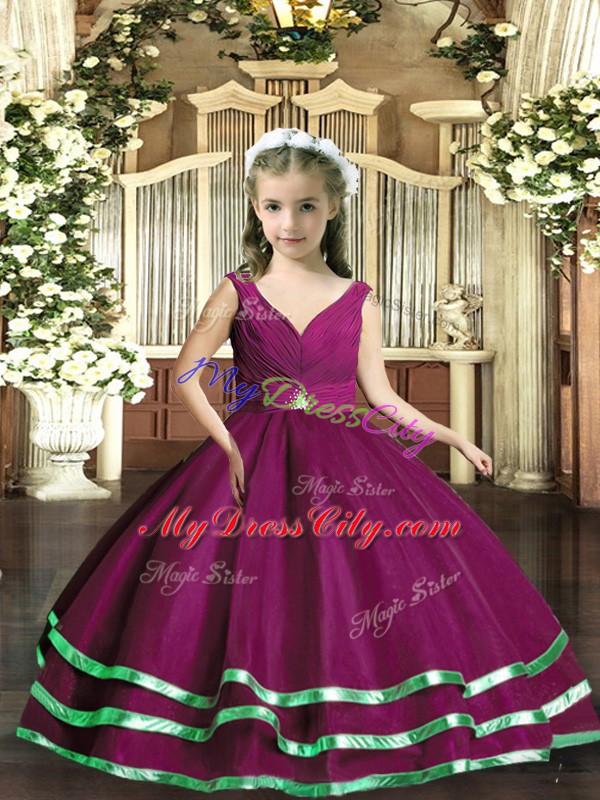 V-neck Sleeveless Organza Pageant Dress for Teens Beading and Ruching Backless