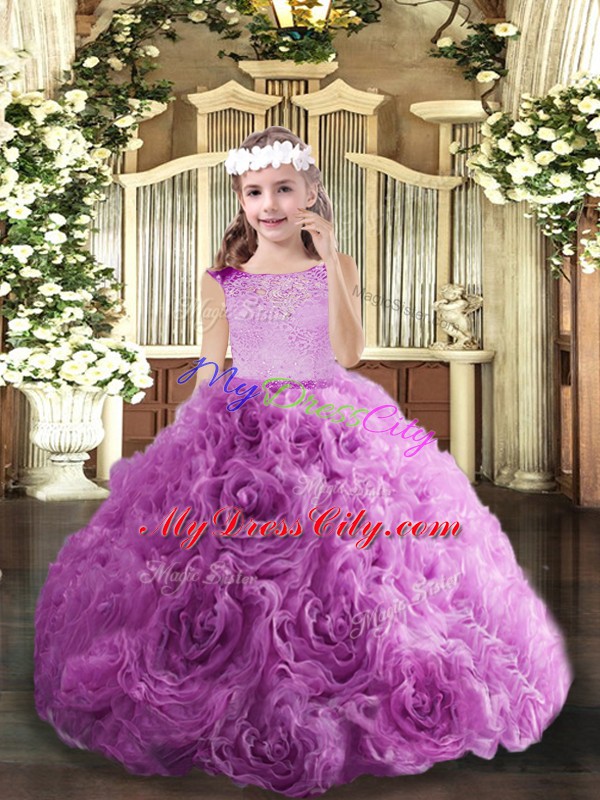 Lilac Ball Gowns Scoop Sleeveless Fabric With Rolling Flowers Floor Length Zipper Beading Little Girl Pageant Dress