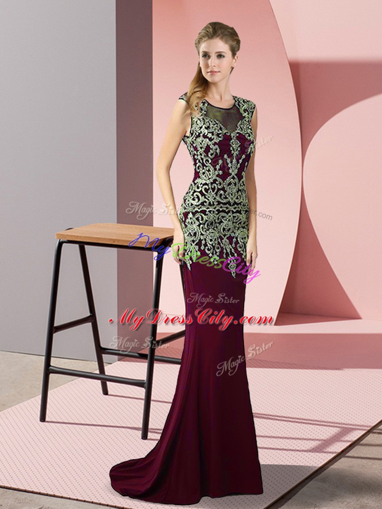 Glorious Burgundy Column/Sheath Satin Scoop Sleeveless Appliques Zipper Sweep Train