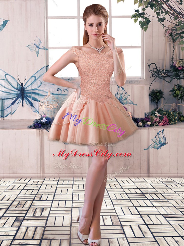 Dynamic Peach Ball Gowns Beading Prom Gown Lace Up Tulle Sleeveless Mini Length