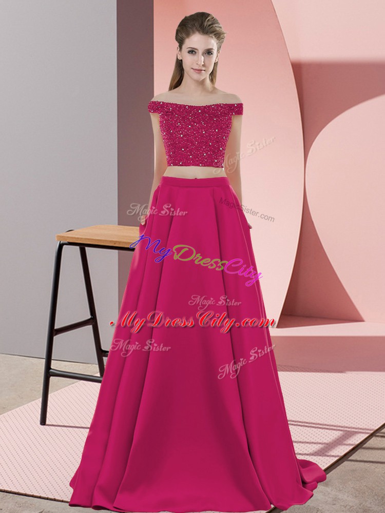 Beading Prom Dresses Hot Pink Backless Sleeveless Sweep Train