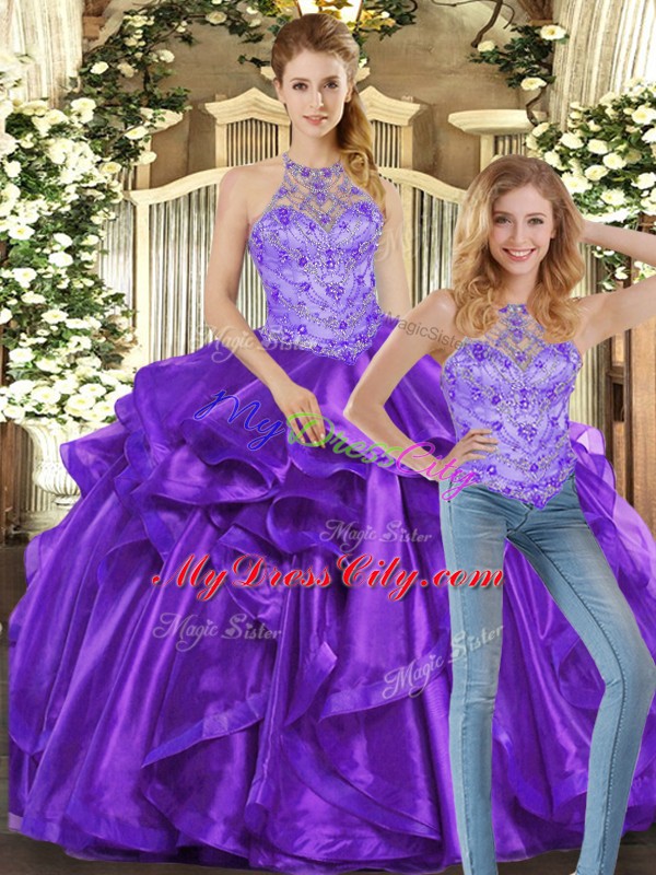 Perfect Purple Lace Up Halter Top Beading and Ruffles Sweet 16 Dresses Organza Sleeveless