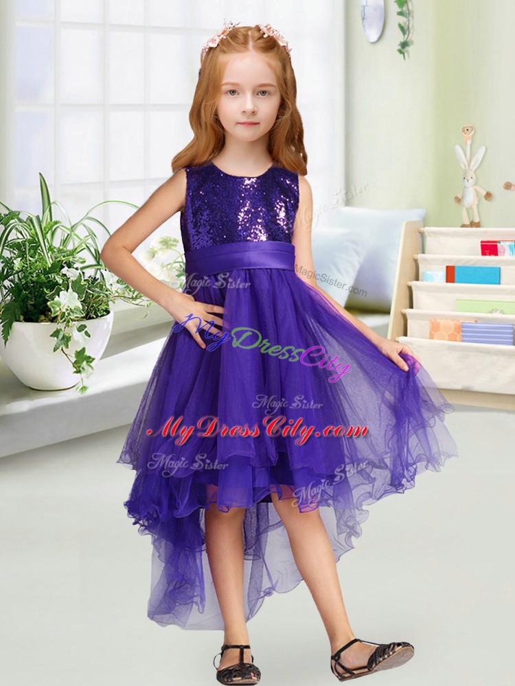 Purple Organza Zipper Scoop Sleeveless High Low Flower Girl Dresses Sequins and Bowknot