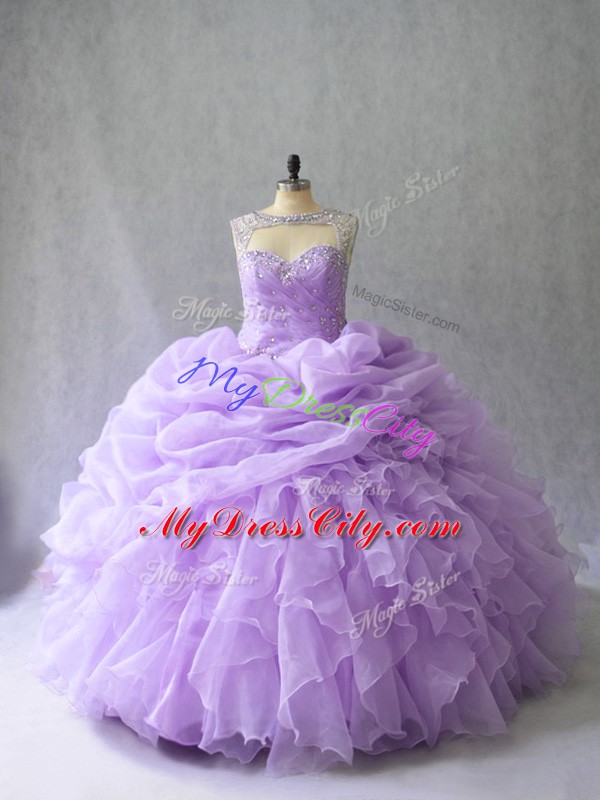 Best Lavender Scoop Neckline Beading and Ruffles 15 Quinceanera Dress Sleeveless Lace Up