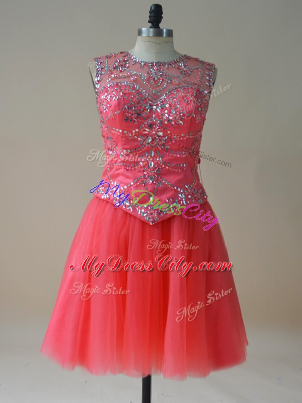 Hot Selling Coral Red Prom Evening Gown Prom and Party and Military Ball with Beading Scoop Sleeveless Lace Up