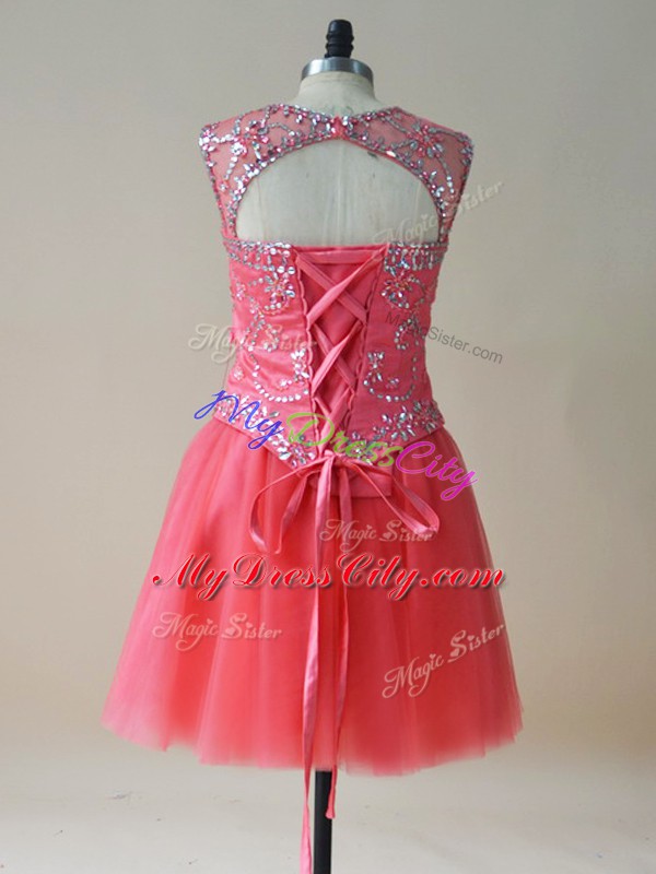 Hot Selling Coral Red Prom Evening Gown Prom and Party and Military Ball with Beading Scoop Sleeveless Lace Up