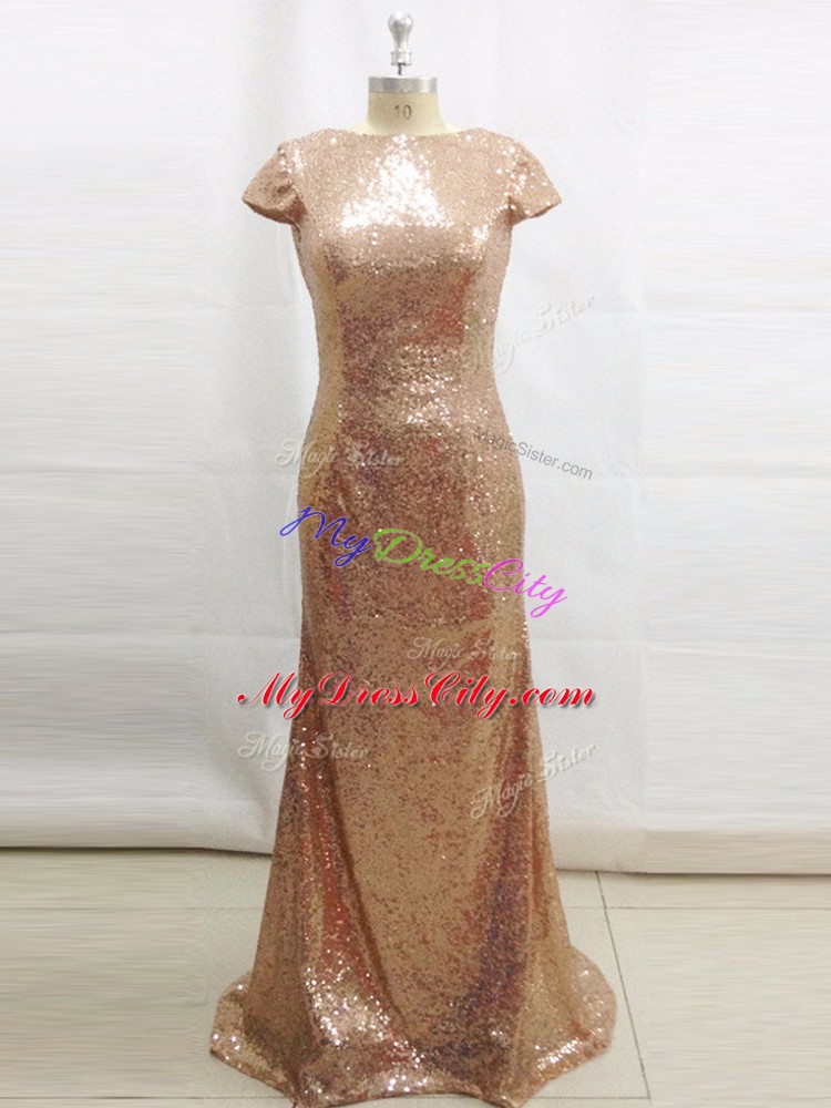 Champagne Dress for Prom Bateau Short Sleeves Brush Train Backless