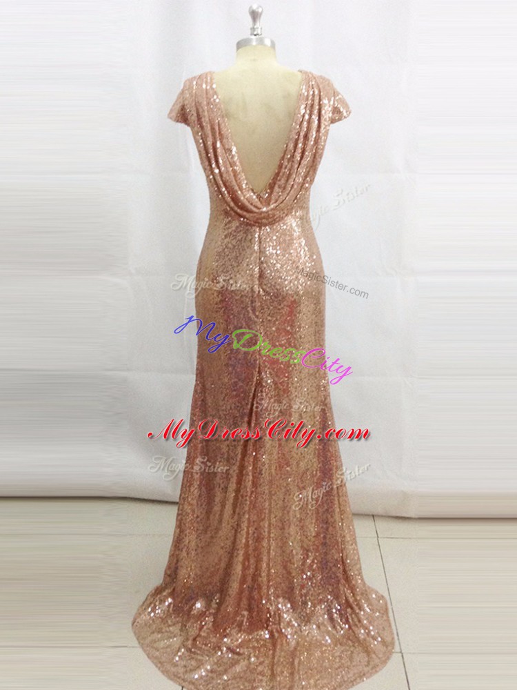 Champagne Dress for Prom Bateau Short Sleeves Brush Train Backless