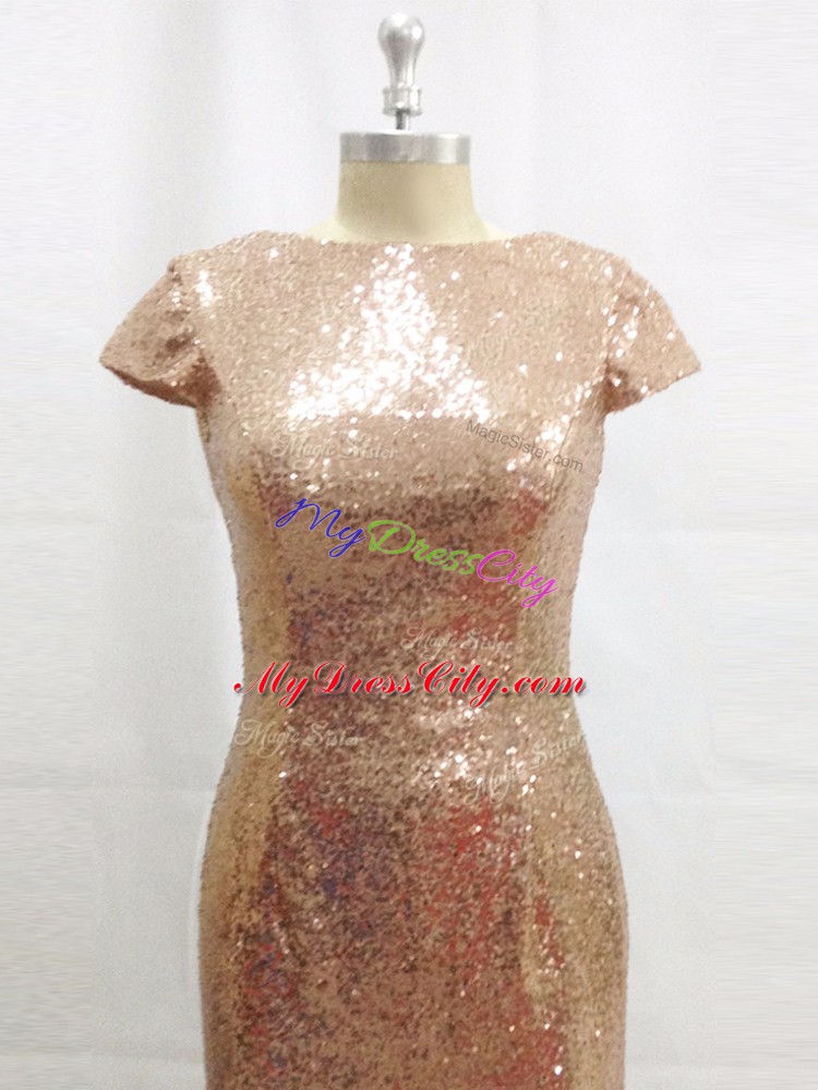 Champagne Dress for Prom Bateau Short Sleeves Brush Train Backless