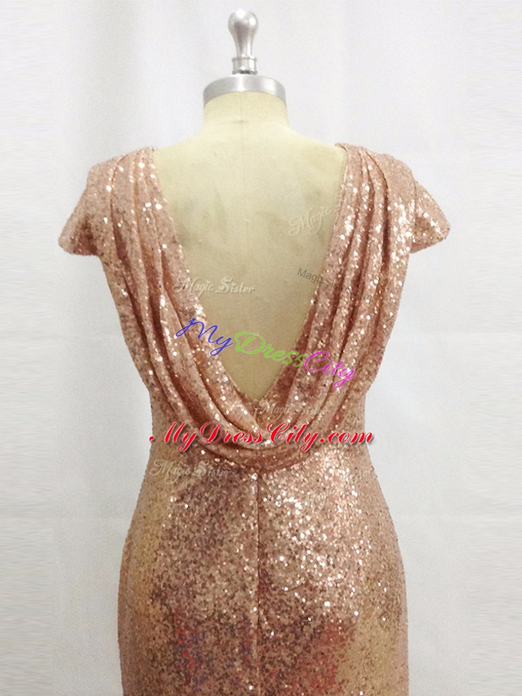 Champagne Dress for Prom Bateau Short Sleeves Brush Train Backless