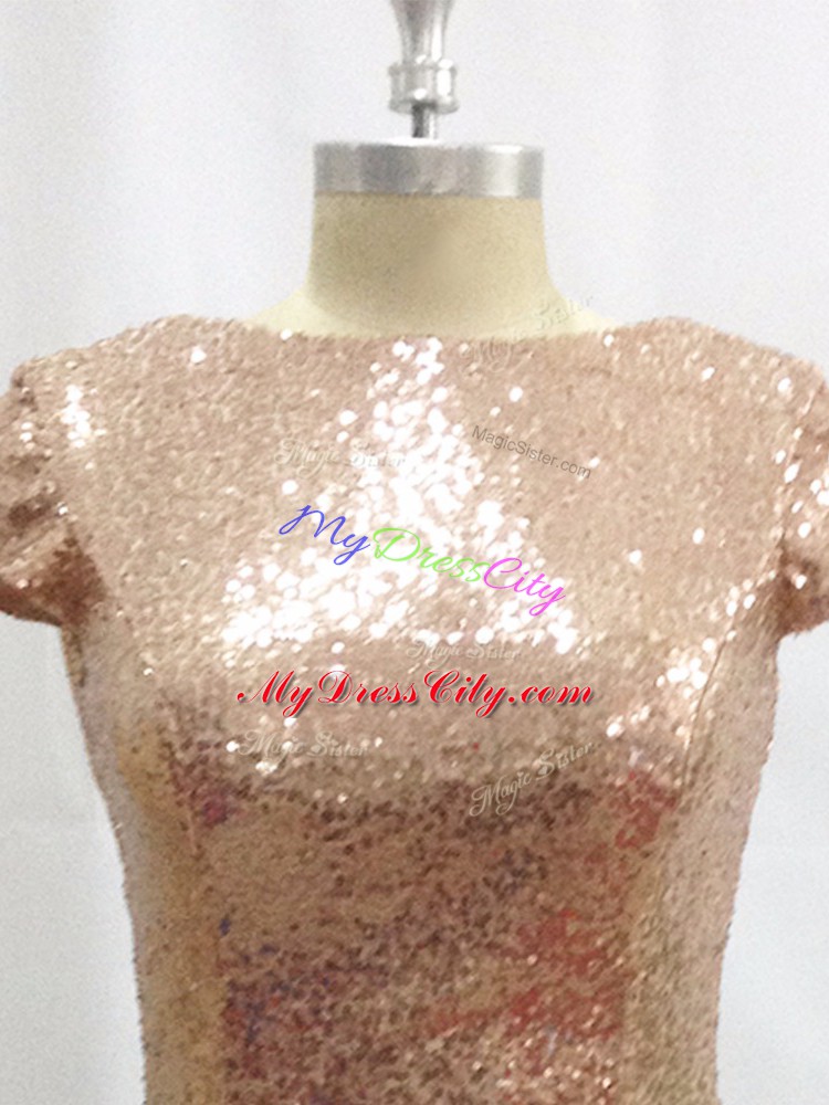 Champagne Dress for Prom Bateau Short Sleeves Brush Train Backless