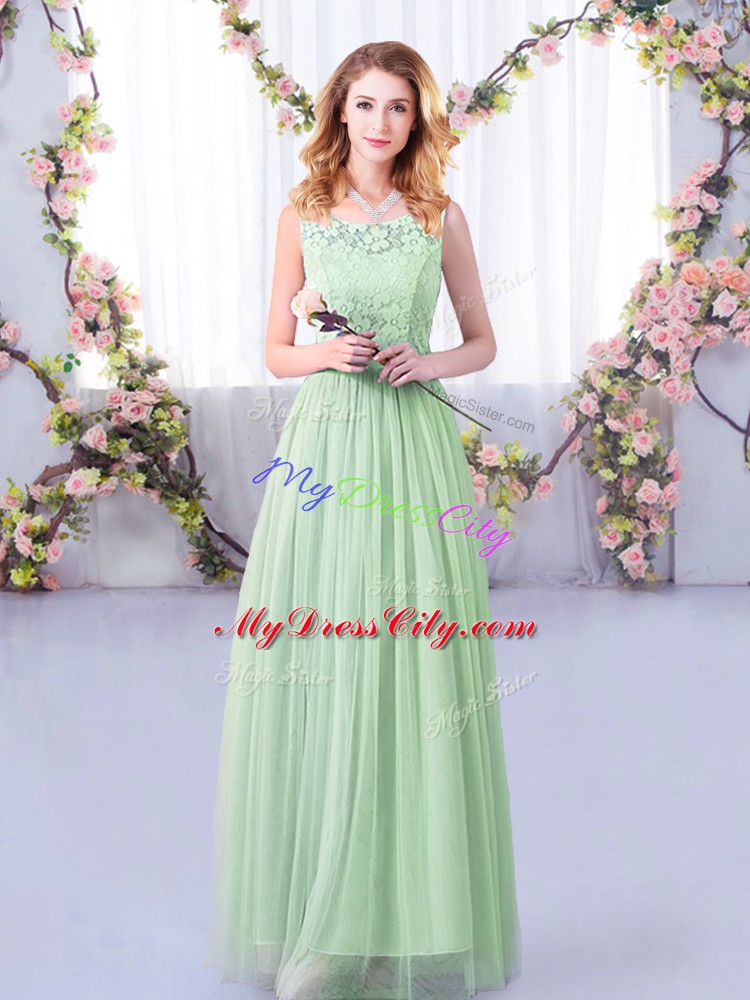 Smart Floor Length Side Zipper Bridesmaids Dress Apple Green for Wedding Party with Lace and Belt