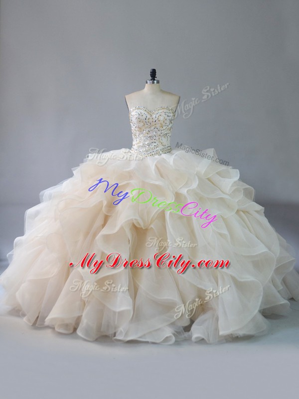 Deluxe Organza Sweetheart Sleeveless Brush Train Lace Up Beading and Ruffles 15 Quinceanera Dress in Champagne