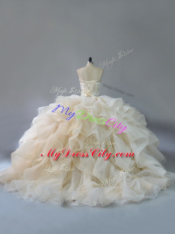 Deluxe Organza Sweetheart Sleeveless Brush Train Lace Up Beading and Ruffles 15 Quinceanera Dress in Champagne