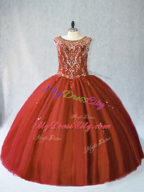 Dazzling Floor Length Rust Red Sweet 16 Dress Scoop Sleeveless Lace Up