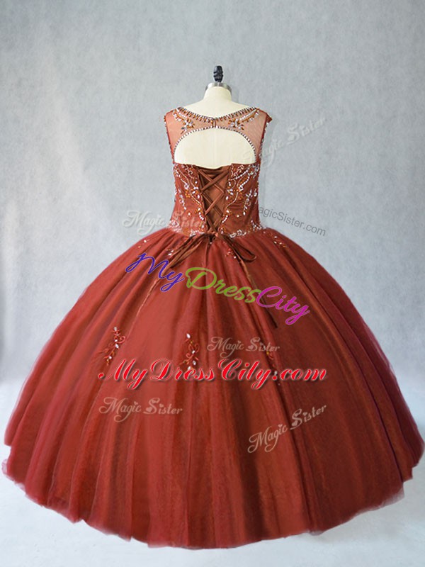 Dazzling Floor Length Rust Red Sweet 16 Dress Scoop Sleeveless Lace Up