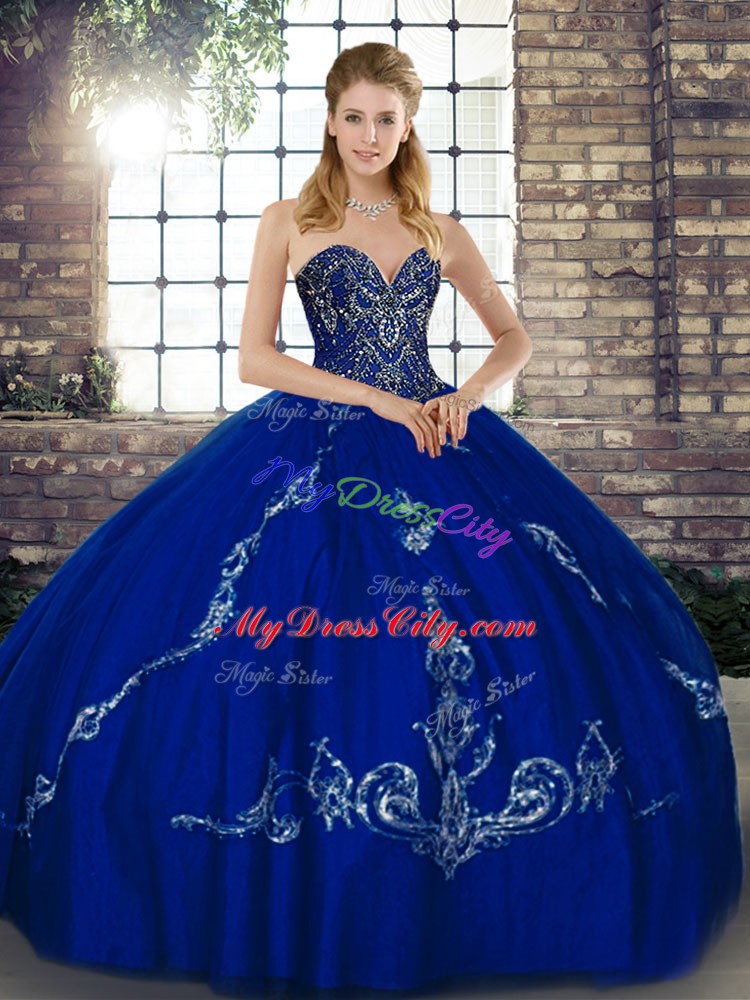 Royal Blue Lace Up Sweetheart Beading and Embroidery Ball Gown Prom Dress Tulle Sleeveless