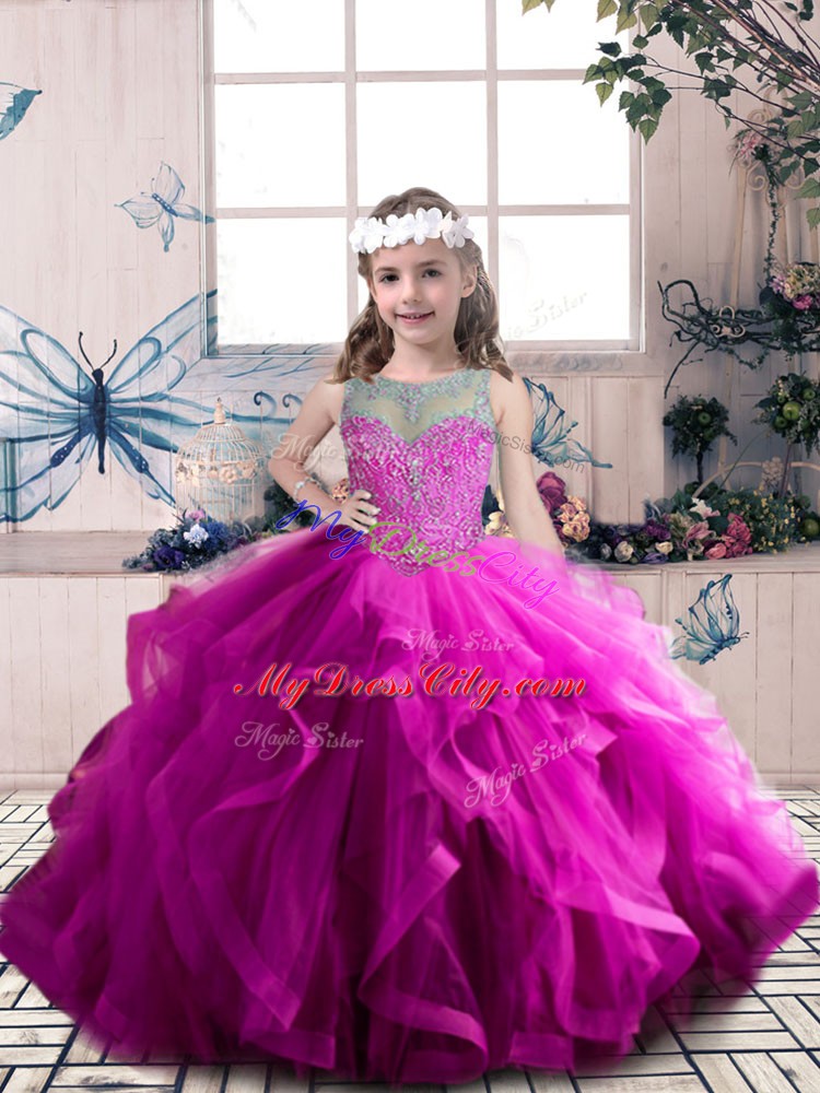 Sleeveless Floor Length Beading and Ruffles Lace Up Pageant Dresses with Fuchsia