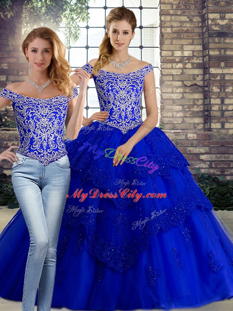 Royal Blue Two Pieces Beading and Lace Quince Ball Gowns Lace Up Tulle Sleeveless