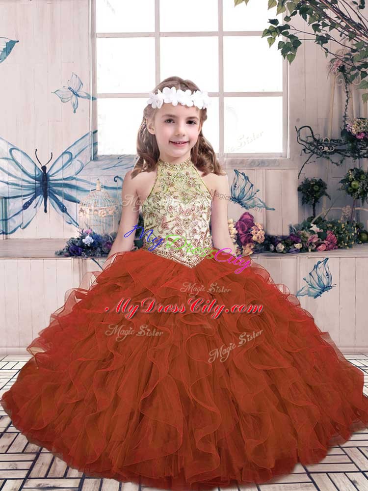 Rust Red Lace Up Pageant Dress for Girls Beading and Ruffles Sleeveless Floor Length