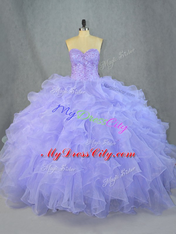 Delicate Beading and Ruffles Vestidos de Quinceanera Lavender Lace Up Sleeveless Floor Length