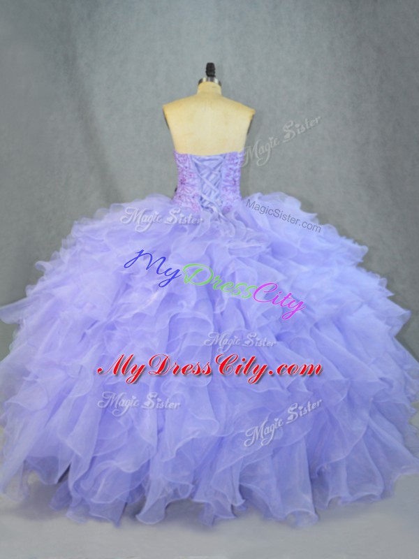 Delicate Beading and Ruffles Vestidos de Quinceanera Lavender Lace Up Sleeveless Floor Length