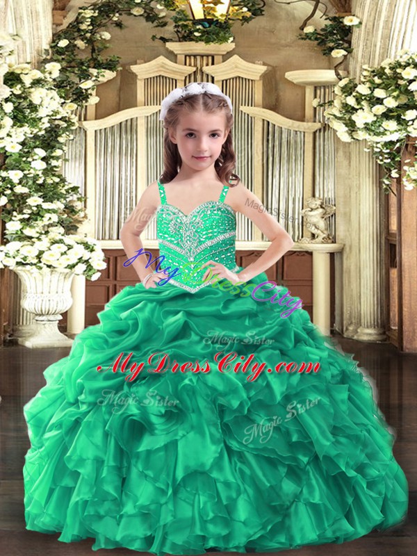 Most Popular Green Lace Up Girls Pageant Dresses Beading and Ruffles Sleeveless Floor Length