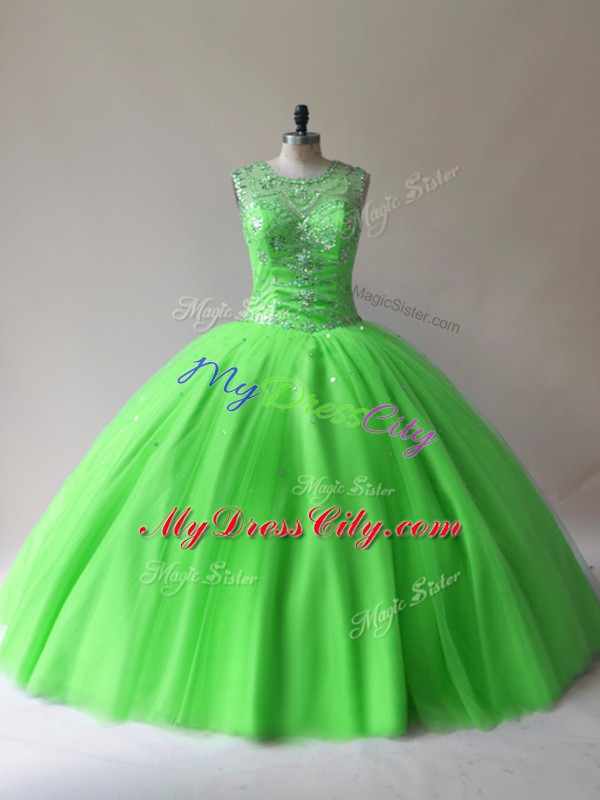 Sleeveless Floor Length Beading Lace Up Sweet 16 Dress with