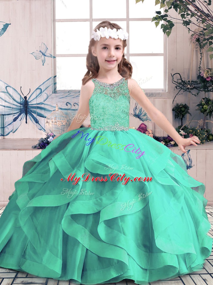 Elegant Aqua Blue Scoop Neckline Beading and Ruffles Little Girls Pageant Dress Wholesale Sleeveless Lace Up