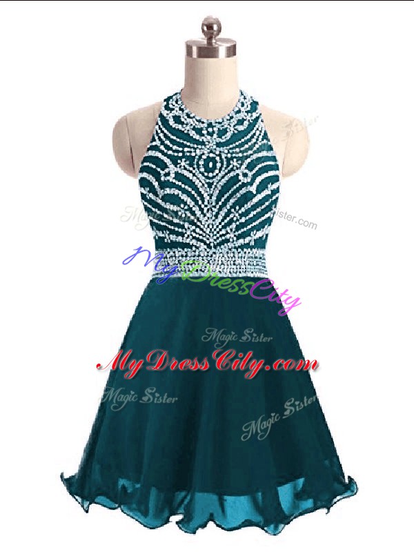 Latest Teal Halter Top Neckline Beading Prom Dresses Sleeveless Lace Up