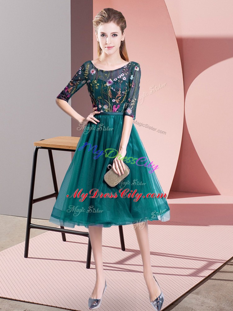 Best Embroidery Bridesmaid Dresses Teal Lace Up Half Sleeves Knee Length