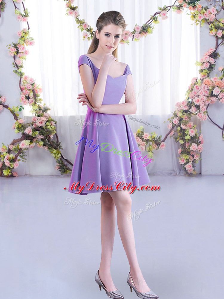 Cap Sleeves Mini Length Ruching Zipper Bridesmaid Gown with Lavender