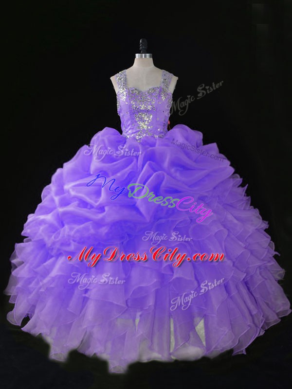 Extravagant Lavender Ball Gowns Beading and Ruffles and Pick Ups Quinceanera Gowns Zipper Organza Sleeveless Floor Length