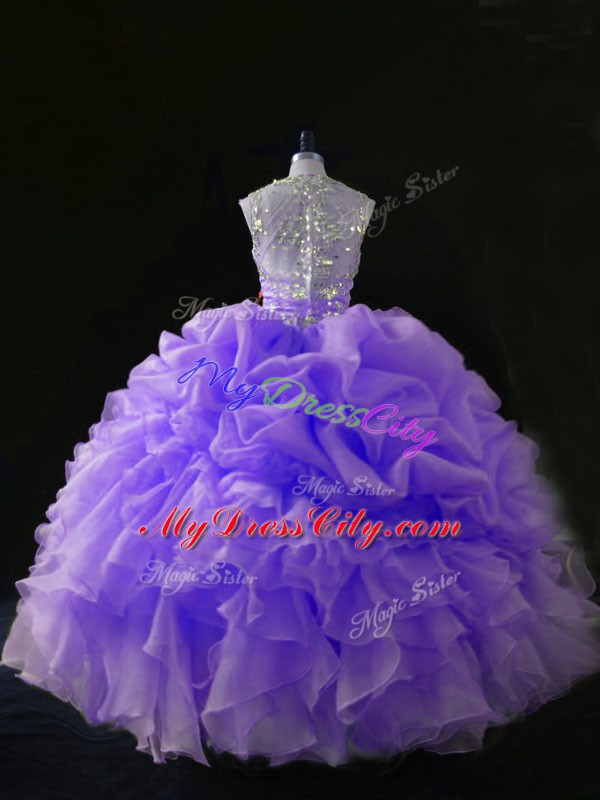 Extravagant Lavender Ball Gowns Beading and Ruffles and Pick Ups Quinceanera Gowns Zipper Organza Sleeveless Floor Length