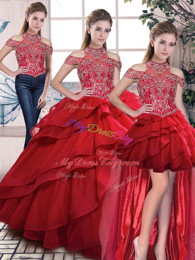 Admirable Red Three Pieces Organza Halter Top Sleeveless Beading and Ruffles Lace Up 15th Birthday Dress