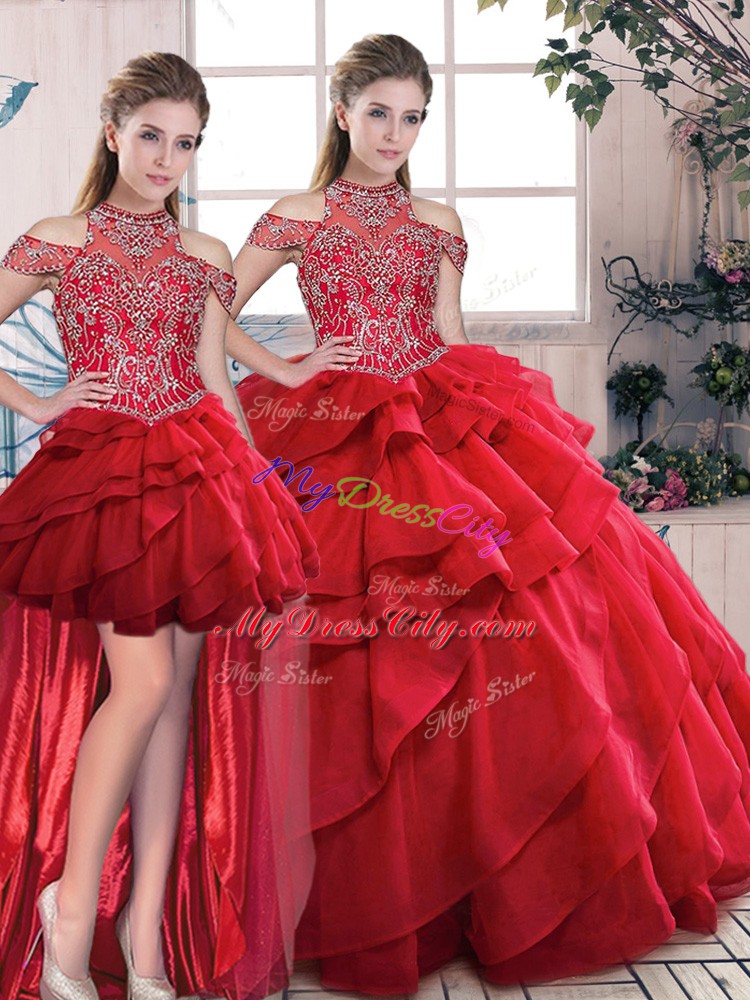 Admirable Red Three Pieces Organza Halter Top Sleeveless Beading and Ruffles Lace Up 15th Birthday Dress