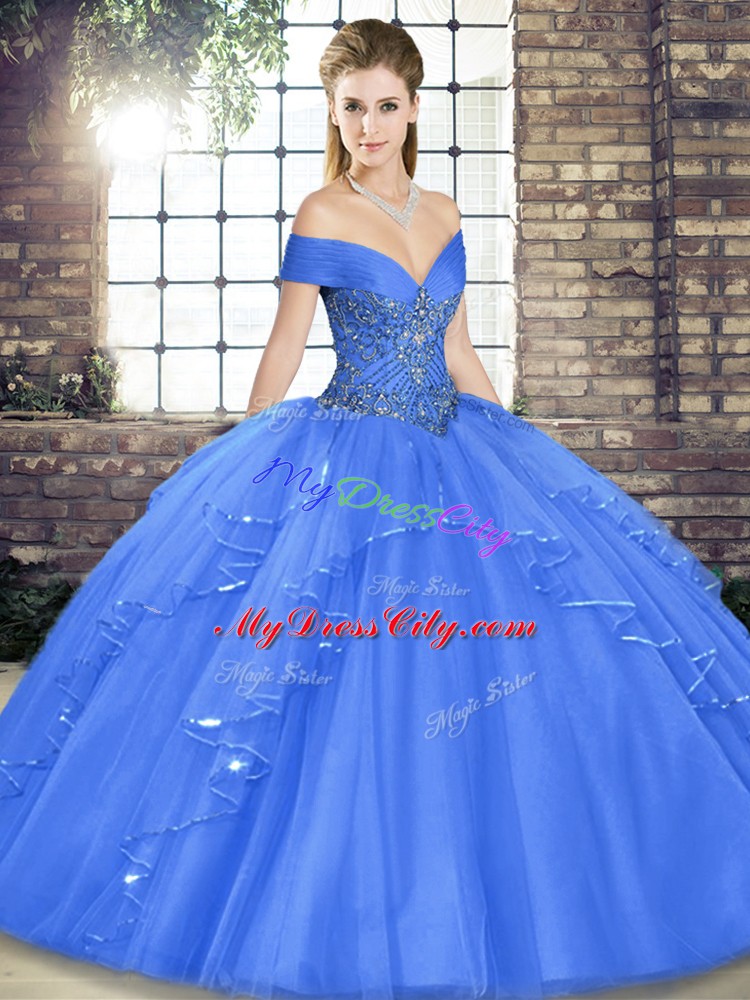 High Quality Blue Off The Shoulder Lace Up Beading and Ruffles Quinceanera Gowns Sleeveless