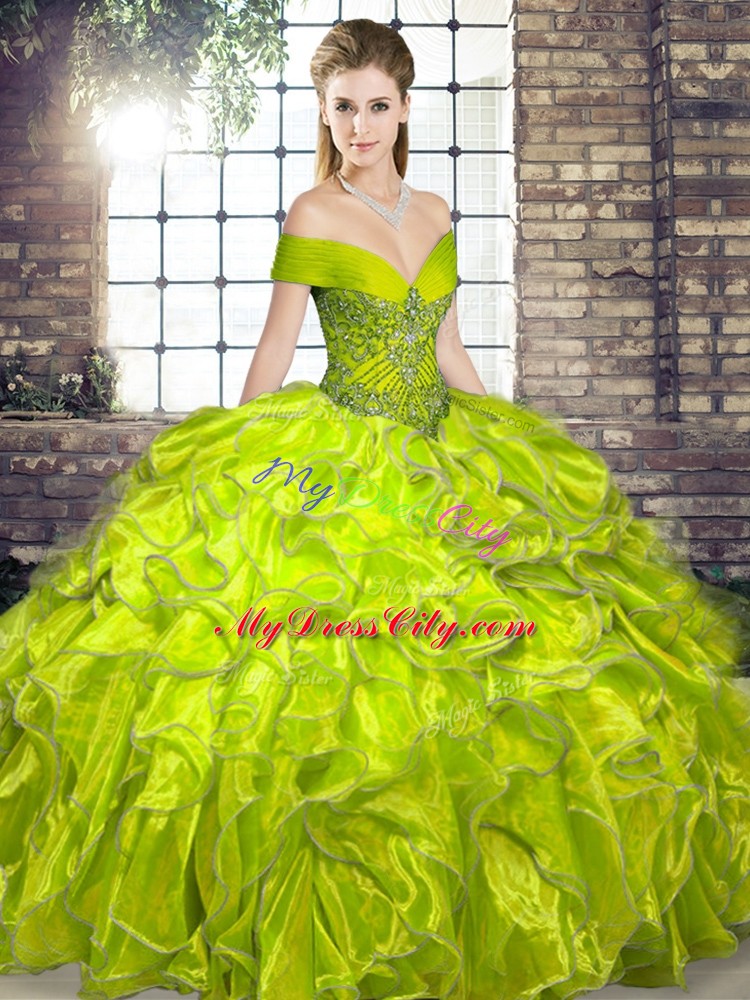 Sleeveless Floor Length Beading and Ruffles Lace Up Vestidos de Quinceanera with Olive Green