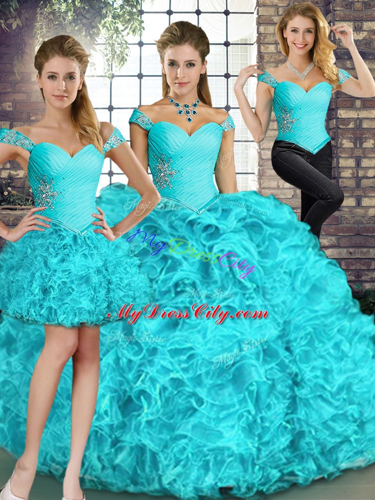 Top Selling Aqua Blue Three Pieces Organza Off The Shoulder Sleeveless Beading and Ruffles Floor Length Lace Up 15 Quinceanera Dress