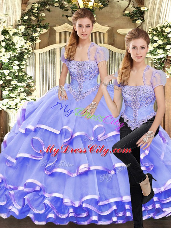 Hot Sale Lavender Two Pieces Strapless Sleeveless Organza Floor Length Lace Up Beading and Ruffled Layers Sweet 16 Quinceanera Dress