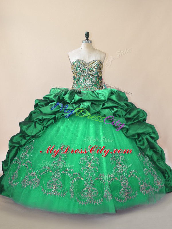 Custom Design Green Sleeveless Tulle Brush Train Lace Up Sweet 16 Dress for Sweet 16 and Quinceanera