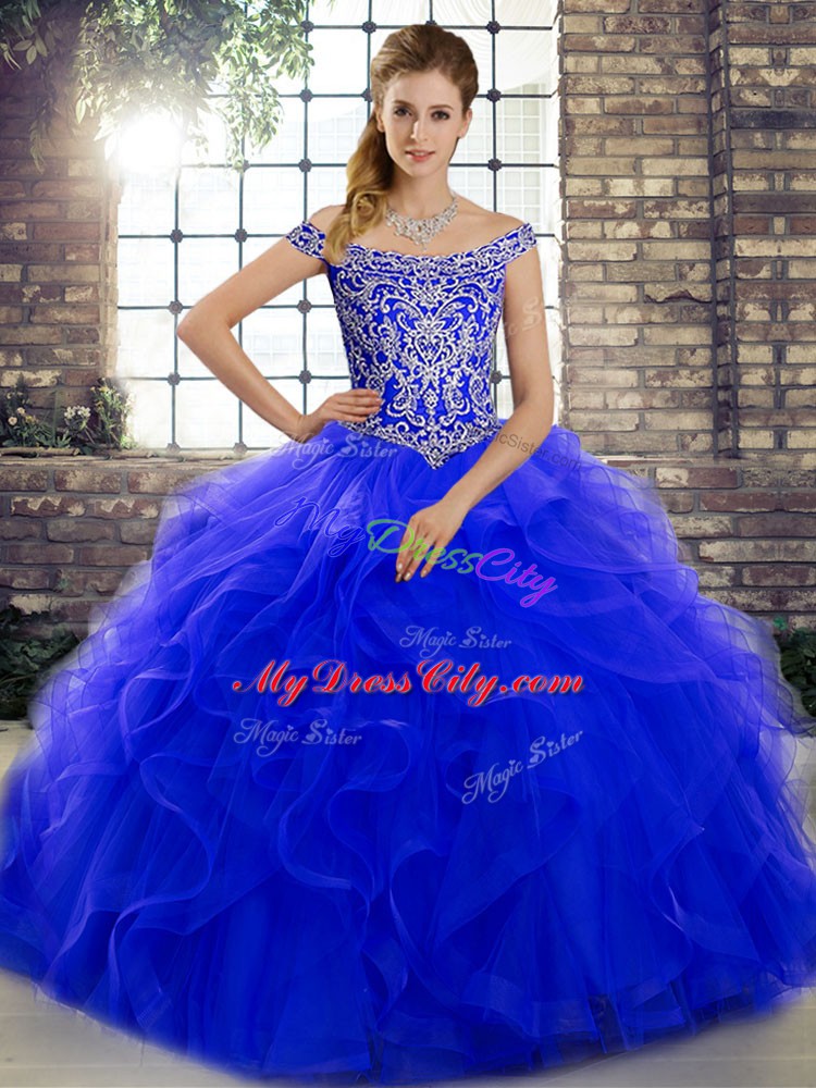 Royal Blue Lace Up Off The Shoulder Beading and Ruffles Sweet 16 Dress Tulle Sleeveless Brush Train