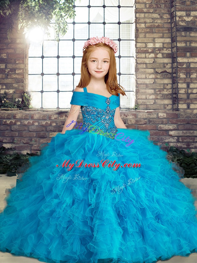 Baby Blue Pageant Gowns For Girls Party and Wedding Party with Beading and Ruffles Straps Sleeveless Lace Up