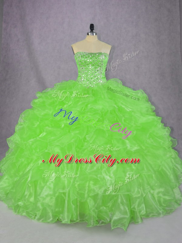 Colorful Strapless Sleeveless Ball Gown Prom Dress Floor Length Beading and Ruffles Organza