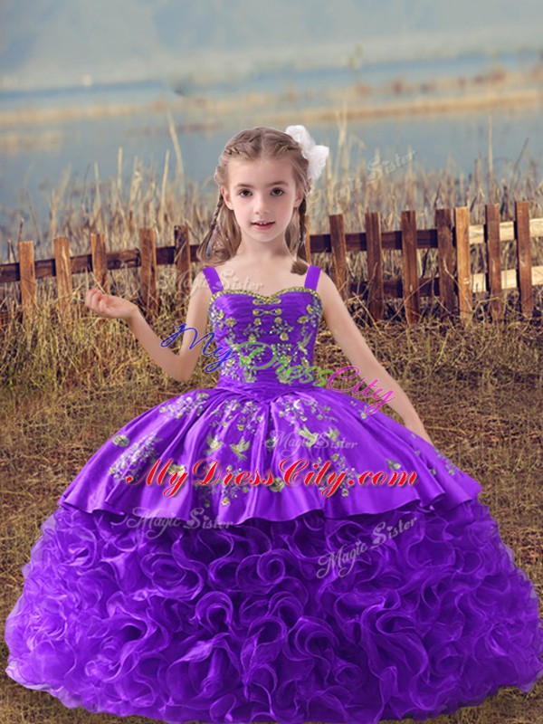 Lavender Ball Gowns Fabric With Rolling Flowers Straps Sleeveless Embroidery Lace Up Little Girl Pageant Dress Sweep Train