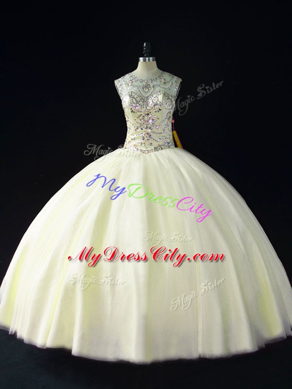 Latest Sleeveless Tulle Floor Length Lace Up 15th Birthday Dress in Light Yellow with Beading